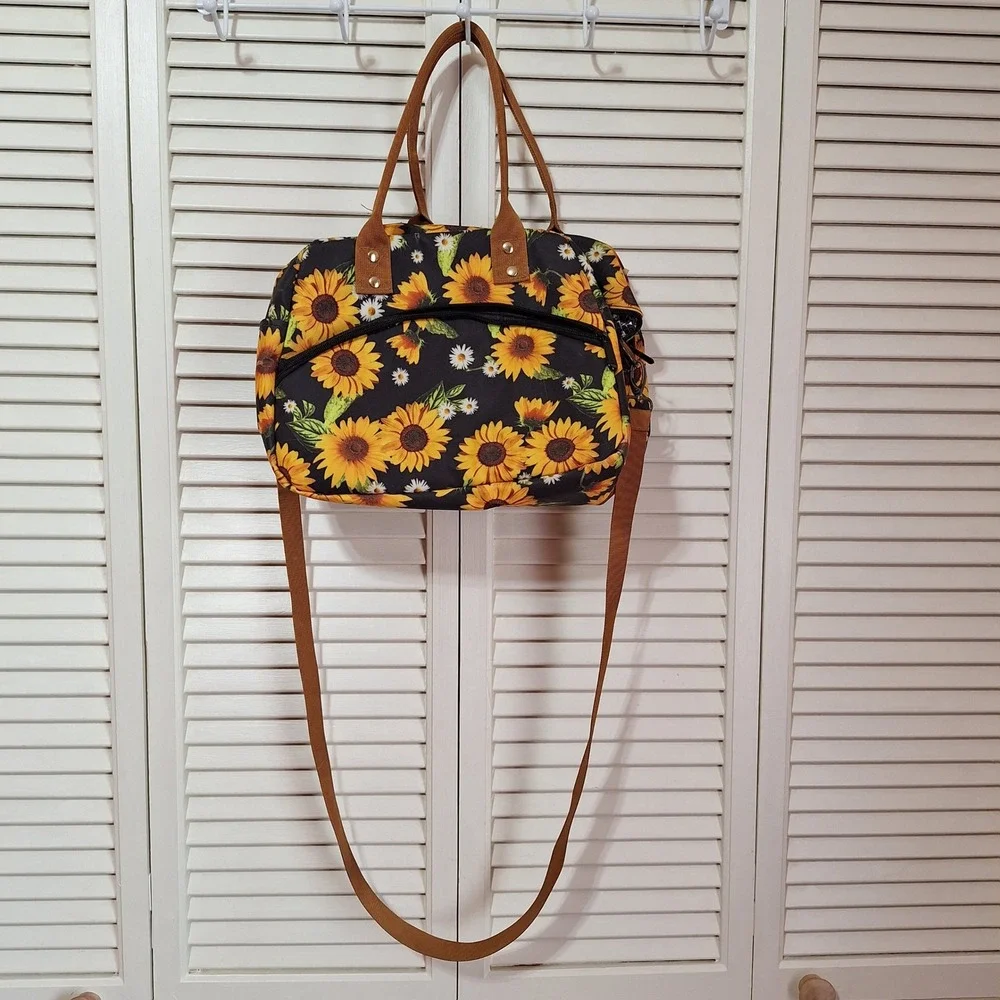 Sunflower Floral Print Crossbody Bag Black Yellow Canvas Satchel Tote Handbag